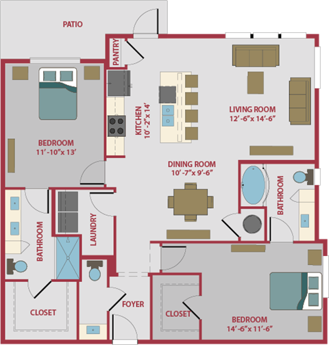 2 bed 2.5 bath floor plan B at Pinnacle Apartments, Jacksonville, FL